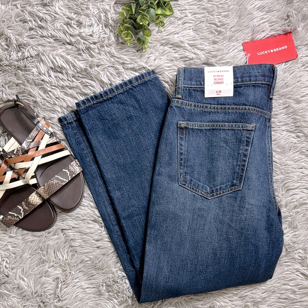 NWT Lucky Brand boy Mid Rise Relaxed Straight Jeans dark wash size 6